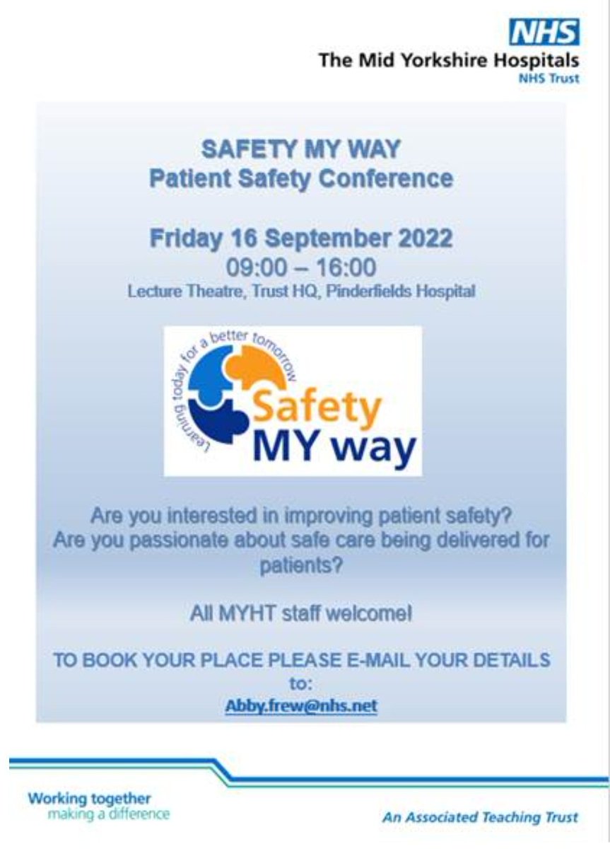 A great opportunity for us all to learn and be involved in developing and improving safety within our Trust! We'll be there! 🤩 Share with all your colleagues, it would be great to have a representative from each ward and department there 🏨 #safetyMYway ⭐️⭐️ @MidYorkshireNHS