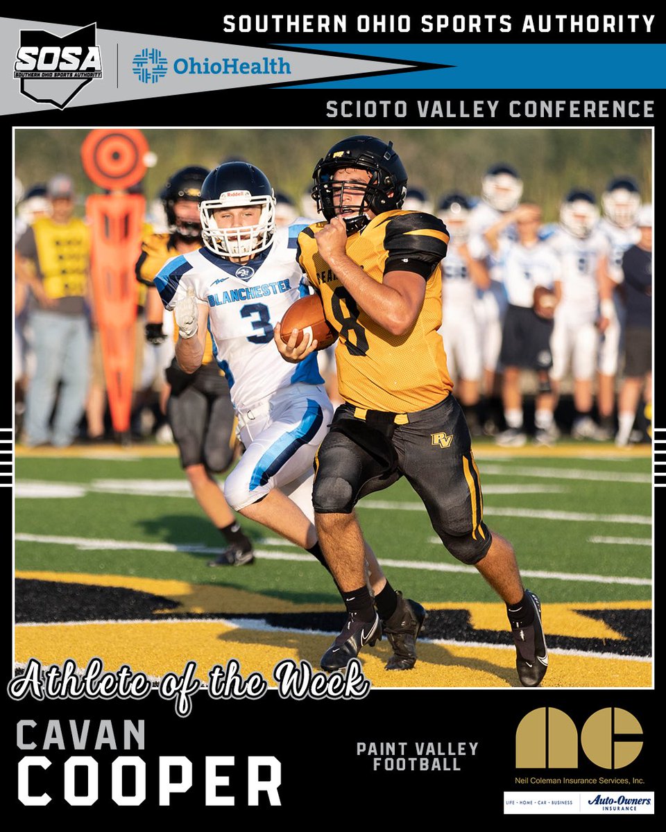 SOSAOhio's tweet photo. Our SVC Athlete of the Week, presented by Neil Coleman Insurance Services, is @PVBearcatsFball’s @CavanCooper.

The Bearcats’ quarterback passed for 211 yards, ran for another 137 and scored five total touchdowns in a win over Blanchester. https://t.co/9anbya6H7r