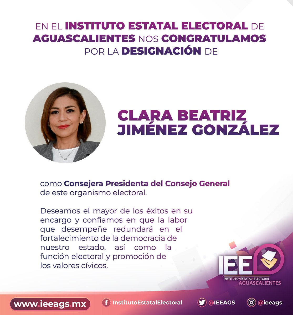 IEEAGS's tweet photo. Quienes integramos el @IEEAGS damos la bienvenida a la Lic. Clara Beatriz Jiménez González, luego de haber sido designada por el @INEMexico para desempeñarse como Consejera Presidenta del Consejo General. https://t.co/4NChFI0oKn