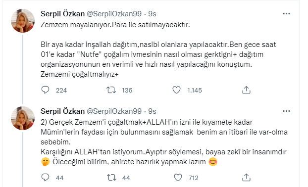 Ey Ahali Zemzemle ilgili her şehirde bir kişi dağıtımından sorumlu olacak, dağıtacak arkadaşların iletişim bilgilerini yayınlayacağız inşallah.
ZEMZEM ÜCRETSİZ DAĞITILACAKTIR.
<a href="/SerpilOzkan99/">Serpil Özkan</a>
