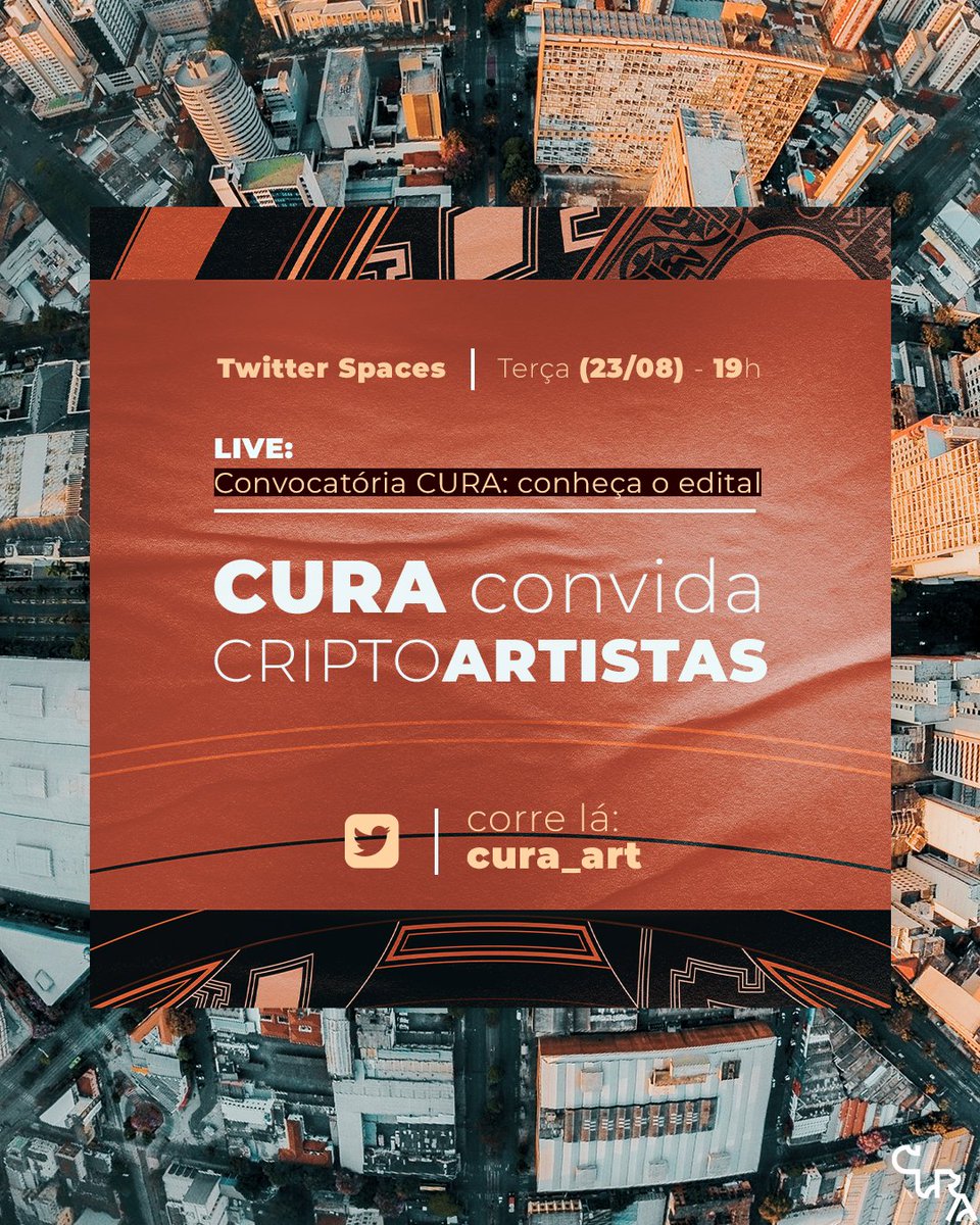 cura_art's tweet photo. Chegamos na última semana da convoca 22! Se você é Criptoartista, usa sua arte como instrumento de luta e ainda não se inscreveu: encare esse post como um sinal.
#cura22 #artepublica #muralismo #cura #belohorizonte #cripto #criptoworld #tezos #cleanNFT #xtz #NFTart #blockchain https://t.co/pWLu9uSOax