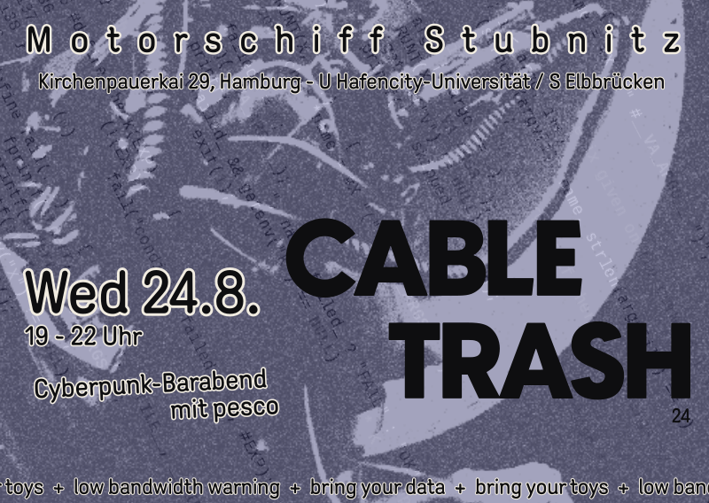 Ups, schon WIEDER ein Monat rum.
Also diesen Mittwoch (UEBERMORGEN) wieder Cyberpunk-Barabend! So kommet und bringet eure hard warez.
<a href="/MSStubnitz/">MS Stubnitz</a>