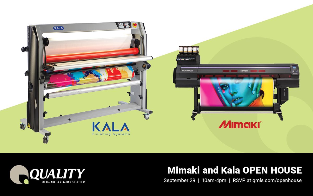 QMLSInc's tweet photo. Join us for our Open House on Thursday, September 29 in North Haven, CT. We will be joined by representatives from @mimakiusa and Kala Finishing Systems, Lintec of America, and JessupMfg. Register today: https://t.co/CE0iTzaSpf
#Mimaki #Kala #WideFormatPrinting https://t.co/0P22PuLbjb
