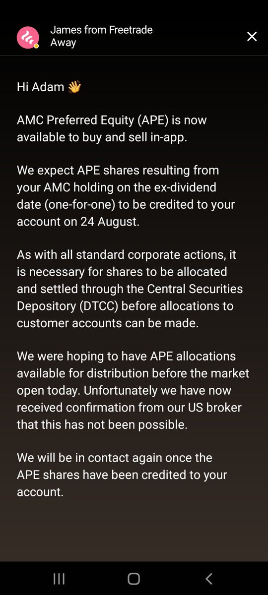 AdamWebb3903's tweet photo. @AMKCShaw For those wondering which broker this message is from. It is freetrade(UK broker) They said they won't give me APE until the 24th https://t.co/1JU2qsm3HA