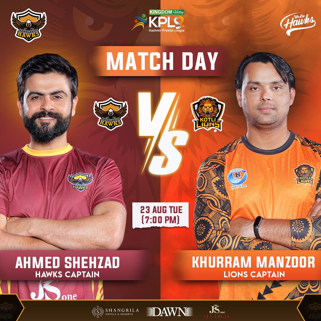 HawksKPL's tweet photo. @HawksKPL against @kotlilionskpl
today at 7:00 PM ! Are you all excited ! 

#WeAreHawks | #KheloAazadiSe | #KingdomValleyKPL | #RawalakotHawksTV | #KPL2022 https://t.co/vPFRXd5DaZ