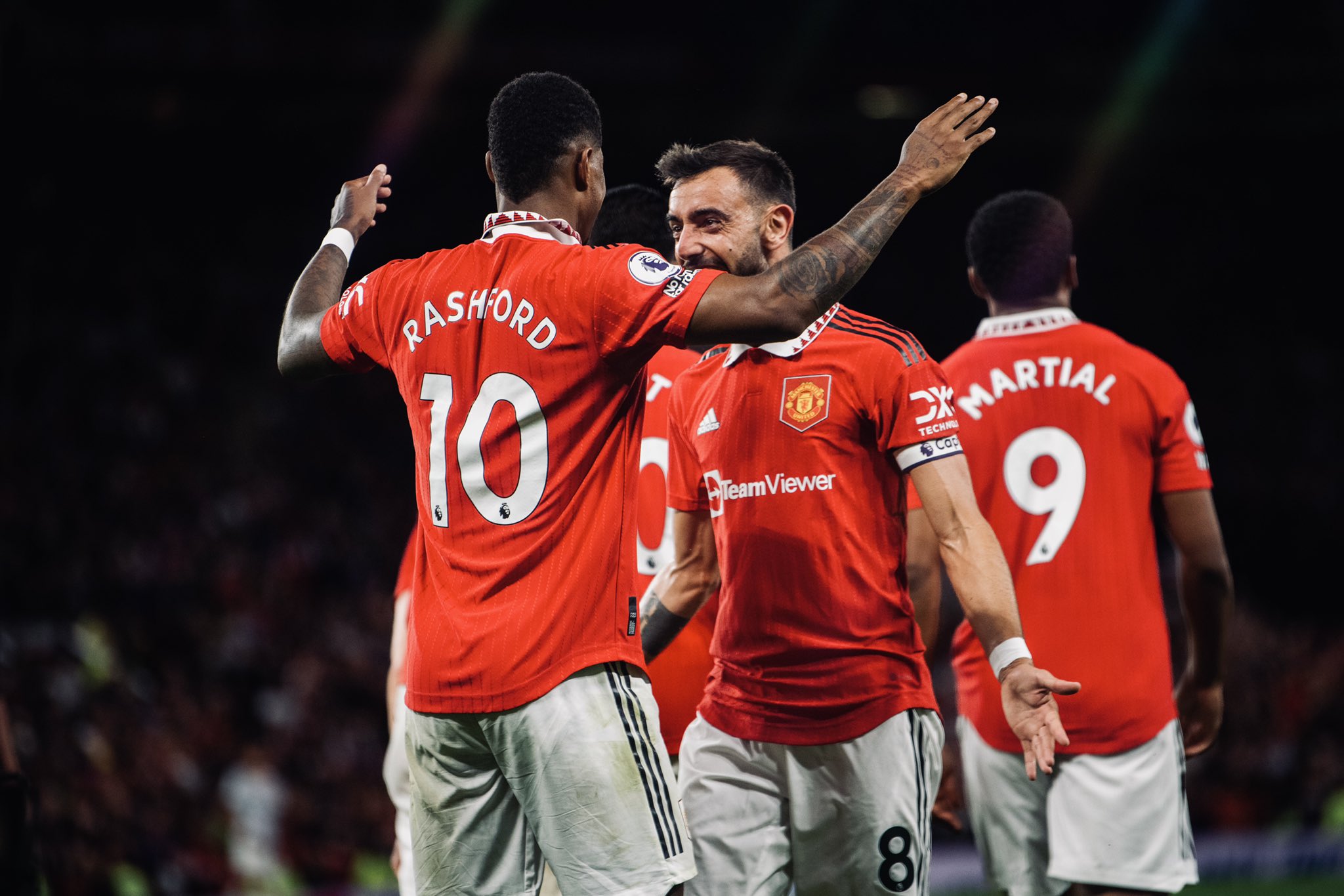 Marcus Rashford and Bruno Fernandes celebrate United’s second goal.