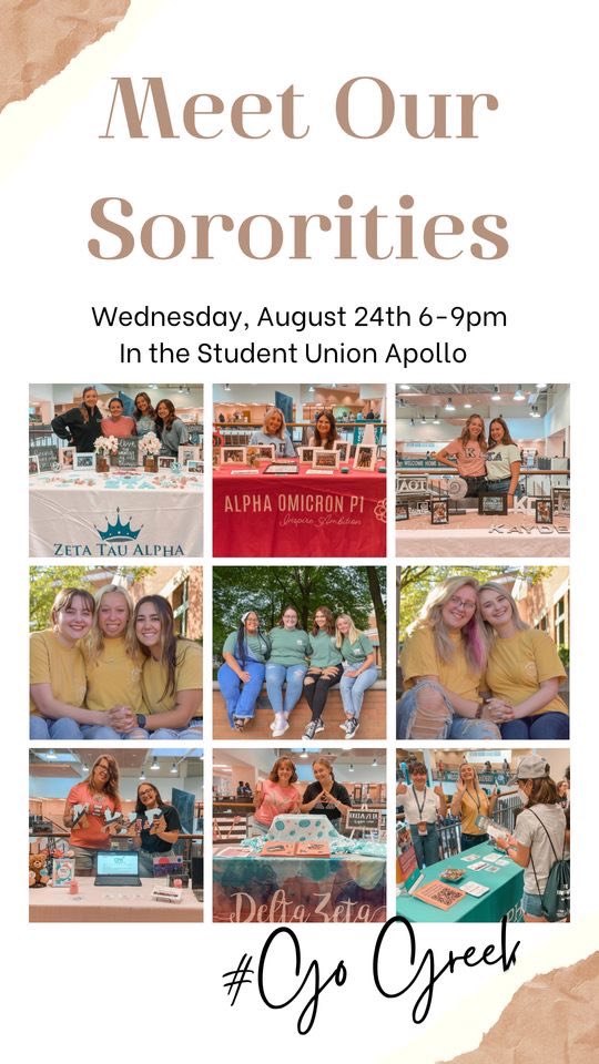 Hey Wright State! Join us Wednesday for Meet Our Sororities 6-9pm (come when you are free) in the Apollo Room in the Student Union.