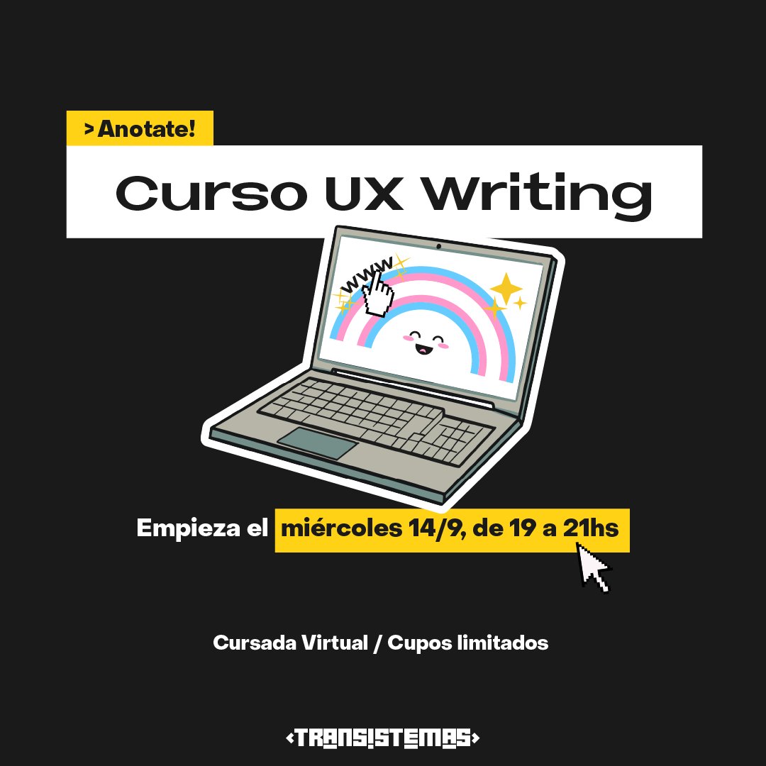 Transistemas1's tweet photo. 💻Curso de UX Writing
🏳️‍⚧️Es un curso gratuito, con cupos limitados. Se dará prioridad a personas trans, travestis y del colectivo LGBTIQNB+ que busquen su primer trabajo en tecnología.🏳️‍🌈
+Info 👇
https://t.co/2wcvwmJlx3
.
#Cursosgratis  #uxwriting #uxdesign #cupolaboral #Tics https://t.co/VOlu2khyuv