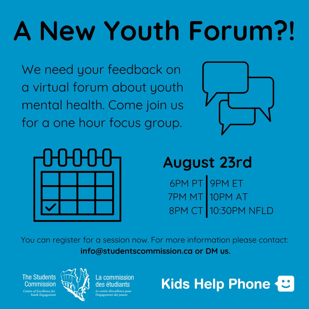 We need your feedback on a peer to peer virtual youth forum about youth mental health. Come join us for a one hour focus group on August 23rd at 7PM MST. This session will be in English; another session in French is to come. Email us at Info@studentscommission.ca to register.