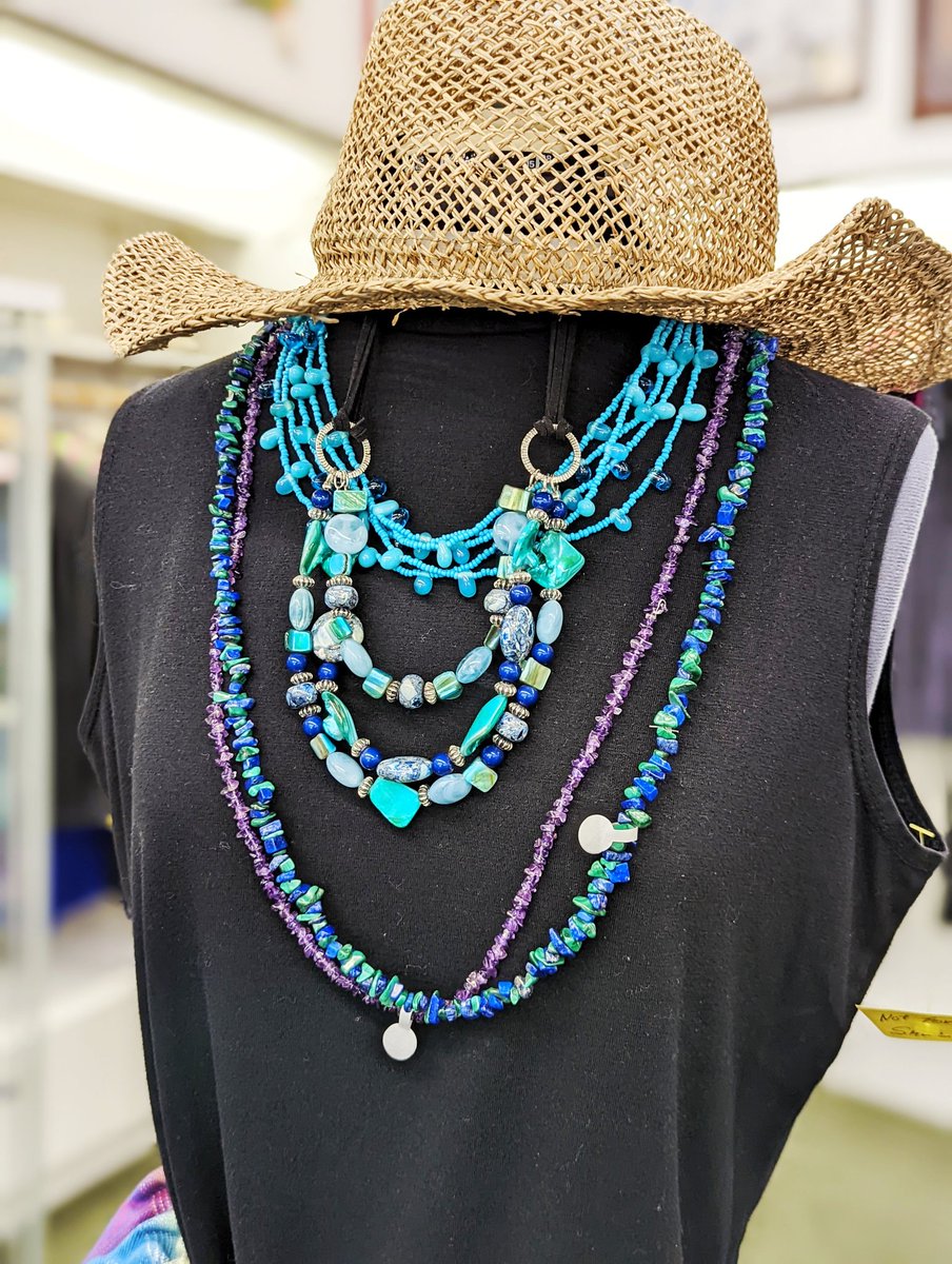 NearlyShop's tweet photo. The layers! 🤩 Sometimes you can’t imagine a look until you SEE it &amp; that is 100% what’s happening here. We're loving these summer mermaid vibes. Come see what outift you can put together. We’re open tomorrow 10a-3p! #jewlery #thrifting #thrfitfinds #NearlyNewShop https://t.co/bTCTLTJI2z