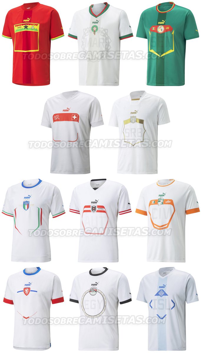 lnstantFoot's tweet photo. Les designs des maillots extérieurs de PUMA pour les sélections nationales ! 

Vous en pensez quoi ?

Dans l’ordre : 

Ghana 🇬🇭
Maroc 🇲🇦
Sénégal 🇸🇳 
Suisse 🇨🇭 
Serbie 🇷🇸 
Italie 🇮🇹 
Autriche 🇦🇹 
Côte d’Ivoire 🇨🇮 
République tchèque 🇨🇿 
Égypte 🇪🇬 
Islande 🇮🇸

📲 @EleteTSC https://t.co/E7thU9Hl8M