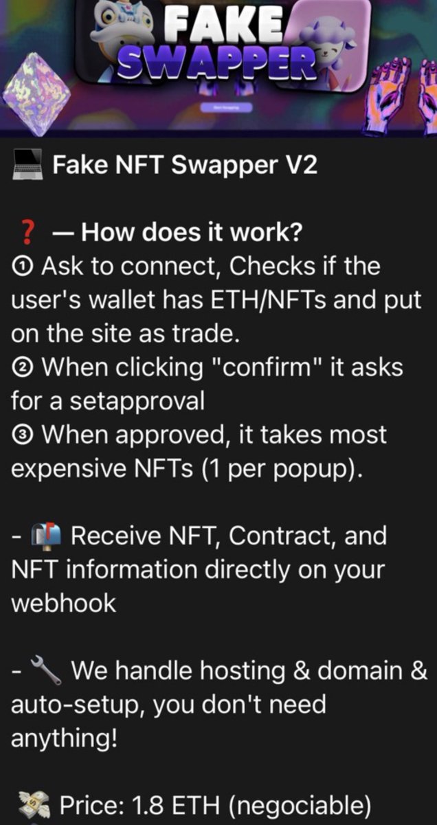 zachxbt's tweet photo. @Serpent It’s very easy for scammers to purchase fake NFT swap sites, drainers, etc online. https://t.co/mF1AjbpGOL