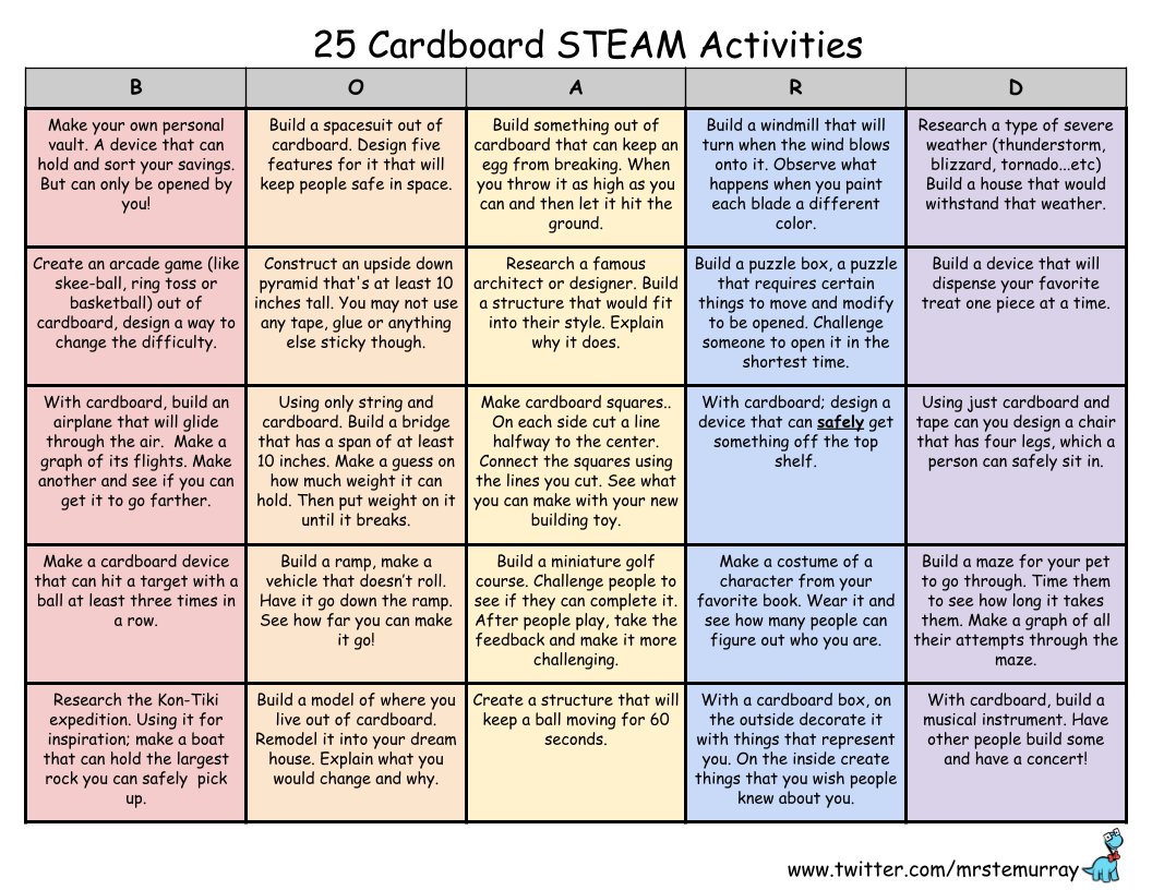 Back to school day 4! All those extra supplies come in? Do you have a lot of extra cardboard? Put it to use with some Cardboard STEAM actives.