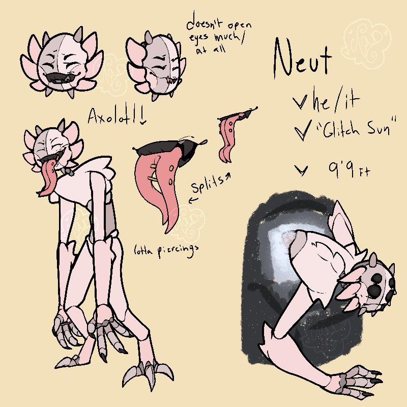 whisperedclouds's tweet photo. 🌋NEUT🌋
[ SFW ]
🌋 leaving his arcade machine is painful, and his eyes always open &amp; static during entries/exits
🌋 the six axolotl gills/frills/rays on it’s head flush with certain emotions! they can turn as bright as it’s tongue, if not darker, if flustered enough
(1/2) https://t.co/kqosEFu08j