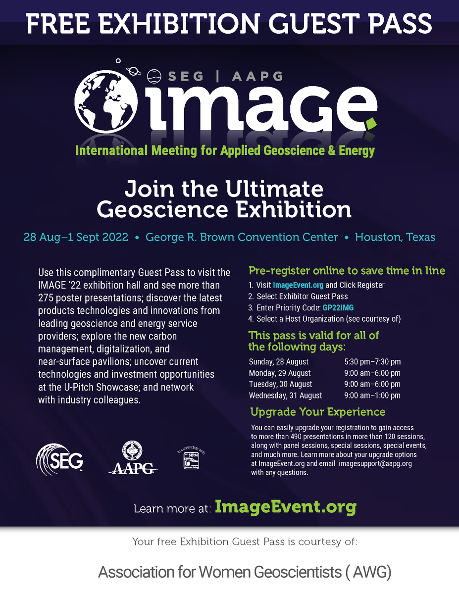 AWG_org's tweet photo. AWG will be in booth #549 in the SEG/AAPG IMAGE exhibits hall from the August 28 Sunday evening ice-breaker (5:30-7:30 pm), August 29-30 from 9 am-6 pm, and August 31 from 9 am-1 pm. Feel free to use this guest pass to stop by and say hi!
#aapg #seg #conference #appliedgeoscience https://t.co/twICBlPSOf