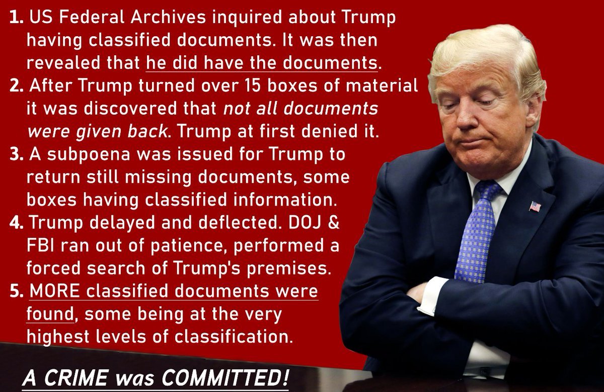 TonyHussein4's tweet photo. Trump stole classified documents. The Justice Department issued a subpoena demanding that he return the docs.
In June Trump's lawyers said there were no more classified documents at Mar-a-Lago.
FBI conducted a search & found 20 boxes of TOP SECRET, SECRET & CONFIDENTIAL docs. https://t.co/GKOJTOpDg2