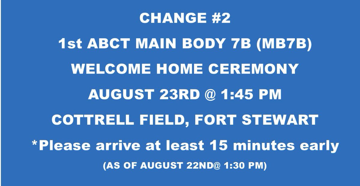 3rd_Infantry's tweet image. CHANGE #2
@1ABCT_3ID Main Body 7B (MB 7B) Welcome Home Ceremony will be held on August 23 at approx 1:45 p.m. at Cottrell Field on Fort Stewart.

It's strongly recommended that Families and friends show at least 15 minutes before estimated ceremony times!

#RaidersFirst  #ROTM
