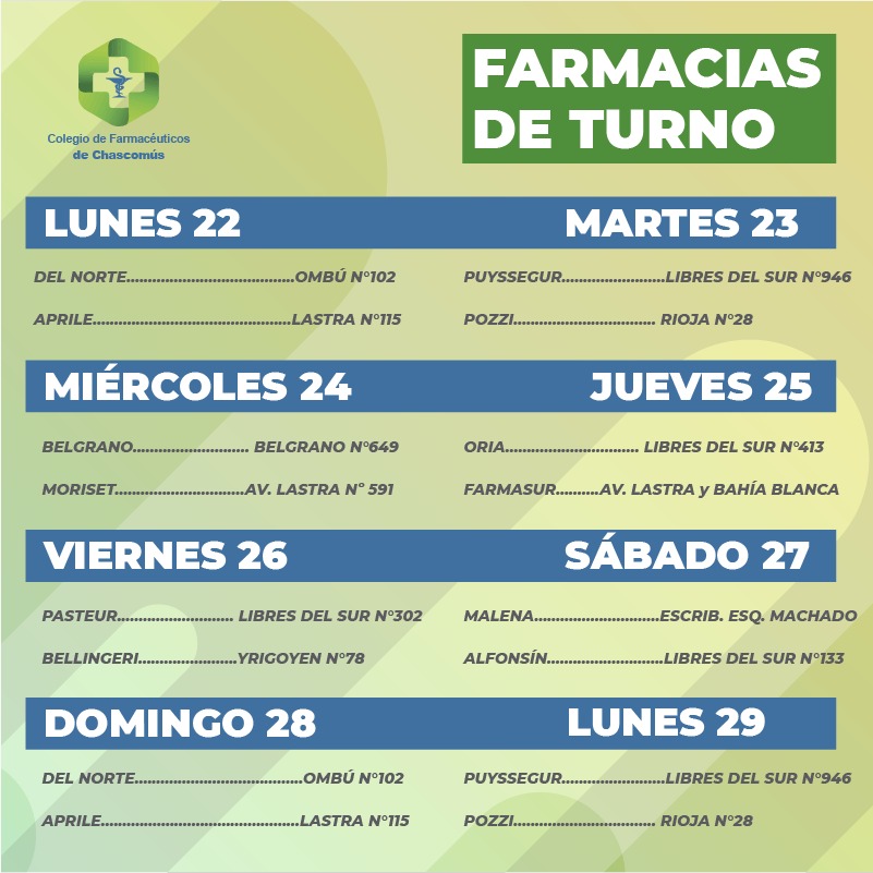 colfarchascomus's tweet photo. ⚠️TURNERO DE LA SEMANA
⚕ Farmacias de turno en Chascomús.
👉del 22 al 29 de agosto (desde las 8.30 hasta las 8.30 del otro día)
.
.
.
.
.
.
.
#Farmacias #FarmaciasdeTurno #Turnero #Guardias #FarmaciasdeGuardia #Chascomús #medicamentosgenéricos https://t.co/kDkhgAfoUs