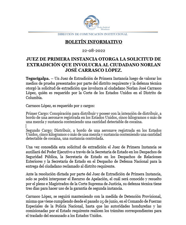 Con este comunicado se confirmó la extradición de Norlan Carraco. 