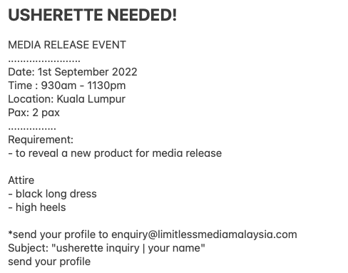 Media_Limitless's tweet photo. HIRING! PART-TIMERS. contact the number below and send your profile NOW! 
https://t.co/2LYZsdGjn2 
#usherette #mediarelease #job #parttime #events  #vacancy #vacancymy #vacancies #vacanciesmy #kerjakosong #kerjakosongmy #kerjaya #peluangkerja #maukerja #nakkerja #malaysia https://t.co/6vPyN7QpZI