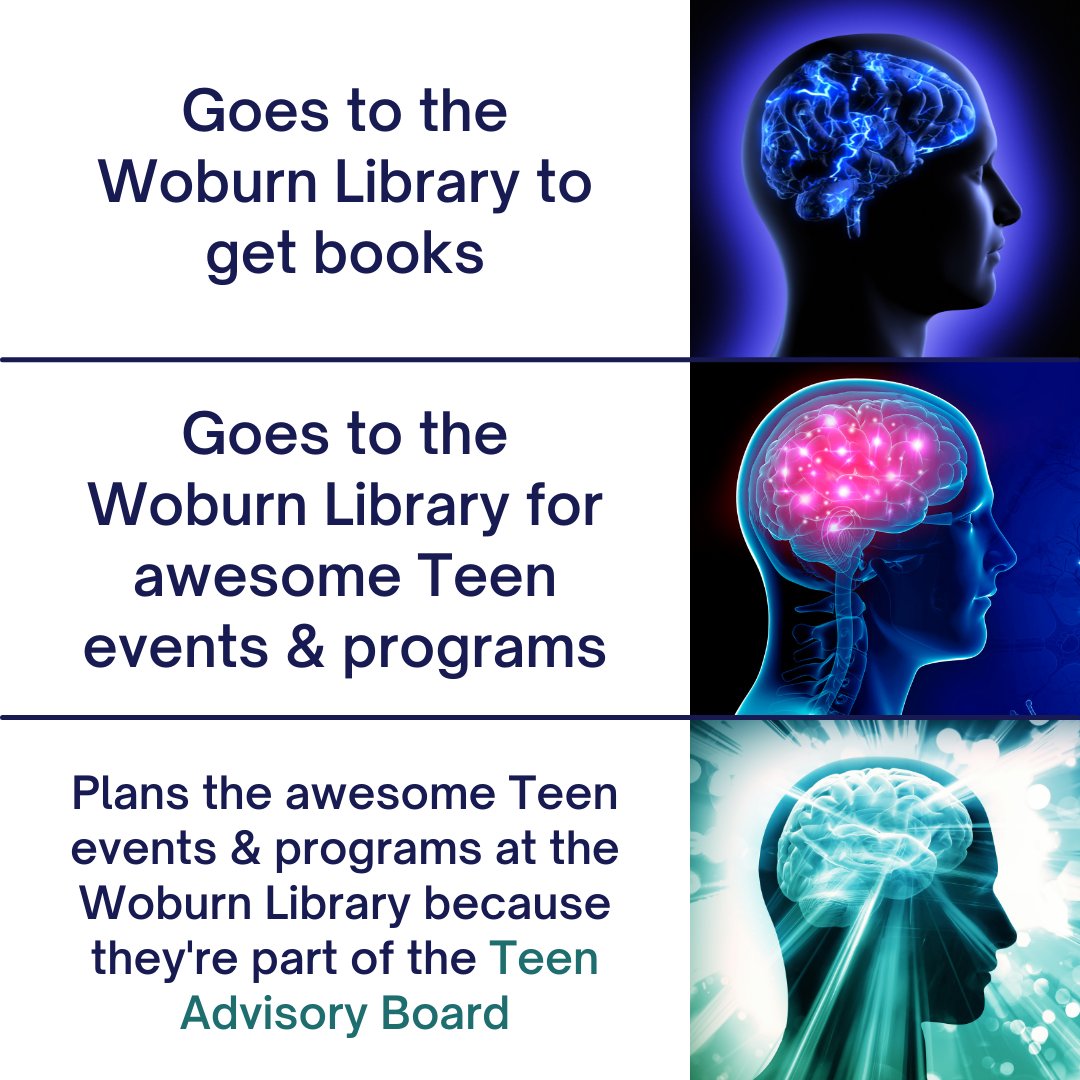 The WPL Teen Advisory Board meets every 3rd Monday of the month from 4-5pm in the Makerspace (that's today!).  Help decide what happens at YOUR library! (and get snacks & volunteer hours).

#TeenAdvisoryBoard #WoburnTeens #TeenVolunteering #Woburn #WoburnLibrary
