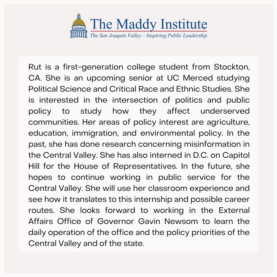 MaddyInstitute's tweet photo. Meet Rut Ortiz, one of our Maddy Interns working in the External Affairs Office of Governor Gavin Newsom.
Visit our website to learn more about our Legislative Intern Program and how to apply!
#maddyintern #internspotlight #centralvalley #ucmerced https://t.co/auXbynRCqu
