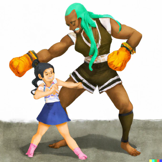 So I tried the DALL-E AI thingy, here are drawings of "R Mika wrestles giant Street Fighter Abigail " from DALL-E and an old one from me. Which do you prefer?  