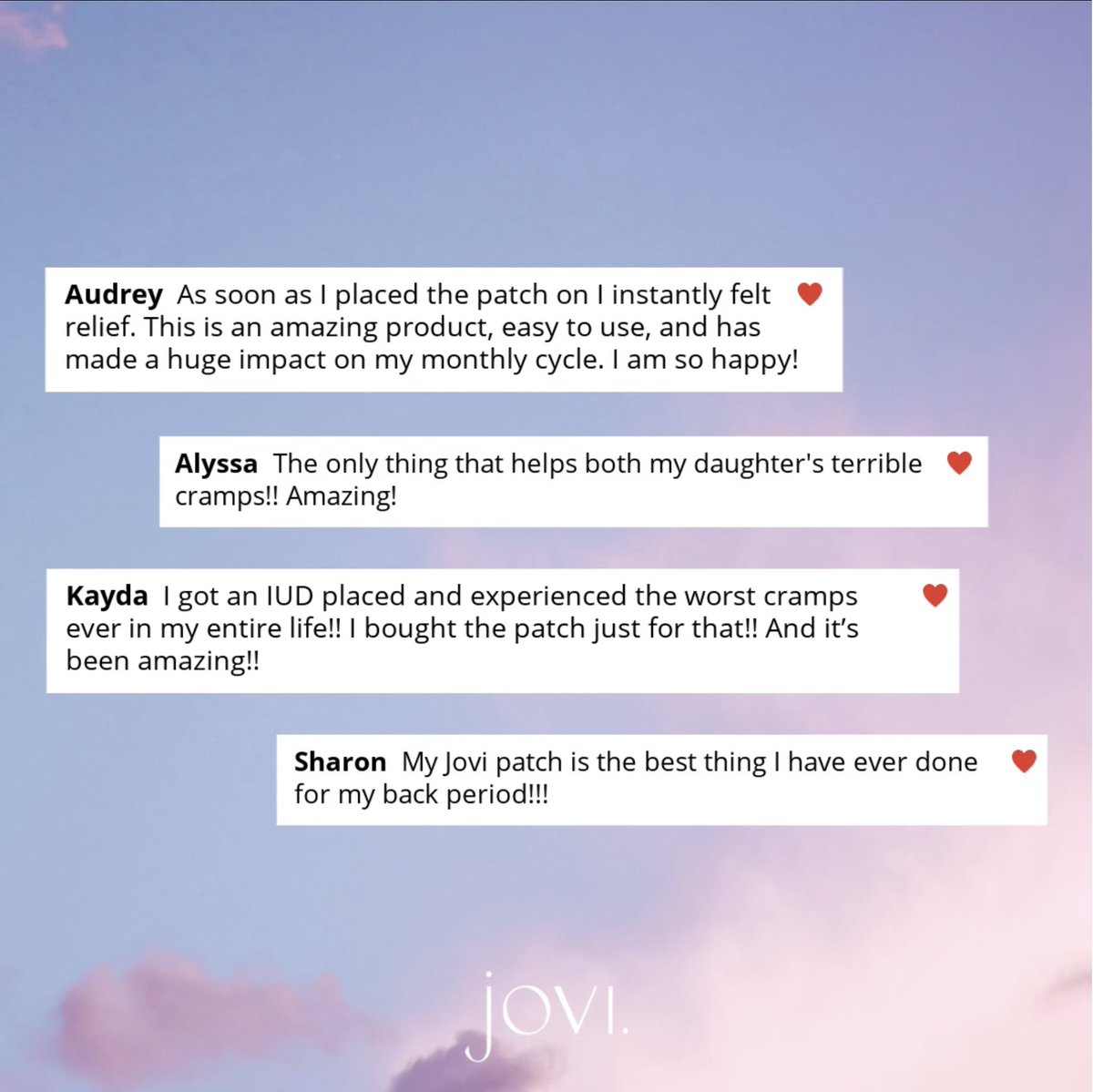 A drug-free, reusable, wearable patch that provides incredible relief from menstrual cramps sounds too good to be true, right?

WRONG.
meetjovi.com/pages/reviews