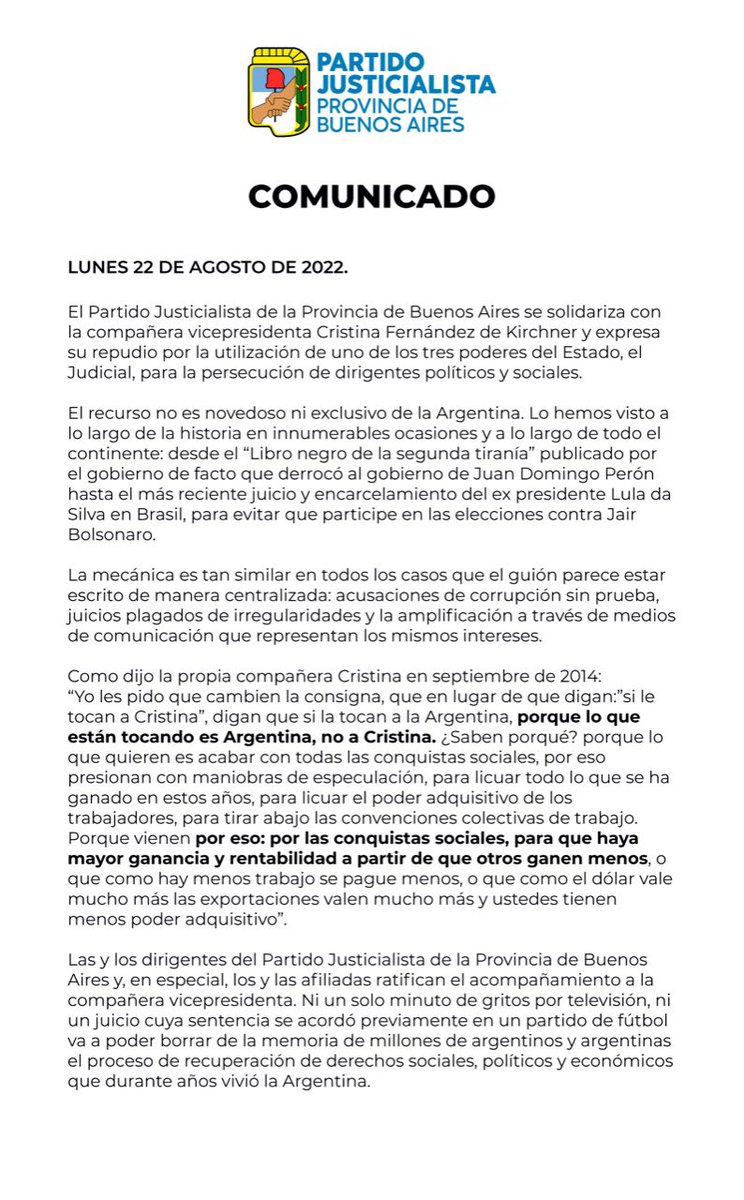 BonaerensePJ's tweet photo. Compartimos el comunicado del Partido Justicialista de la PBA.

#TodosConCristina https://t.co/lxK7jy9oz9