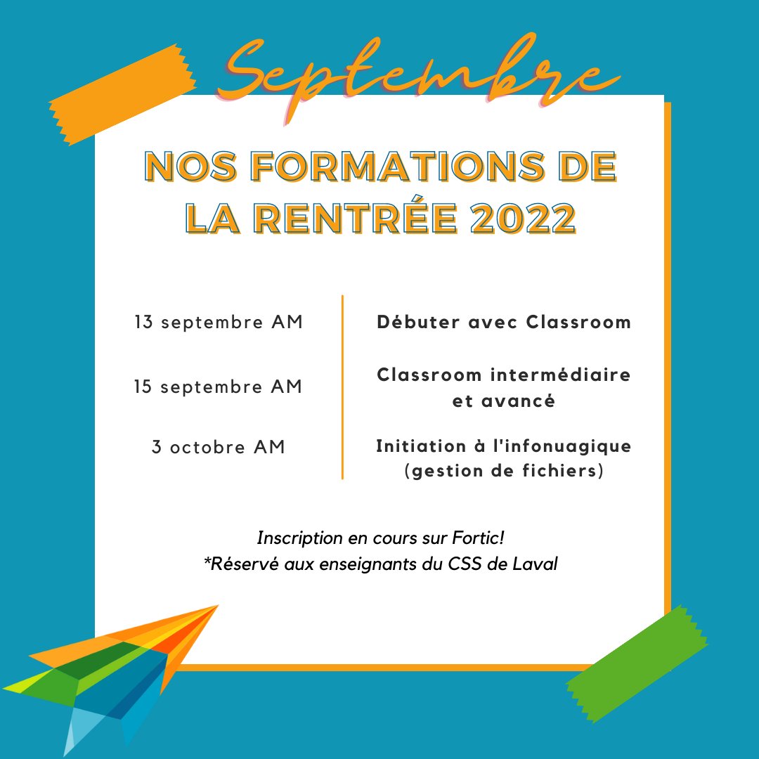 Équipe pédagonumérique Laval (@equipepnumlaval) on Twitter photo On se prépare pour l'année scolaire! Et vous? Inscrivez-vous à nos formations de la rentrée. Formations réservées pour le personnel du CSS Laval. On se prépare pour l'année scolaire! Et vous? Inscrivez-vous à nos formations de la rentrée. Formations réservées pour le personnel du CSS Laval.