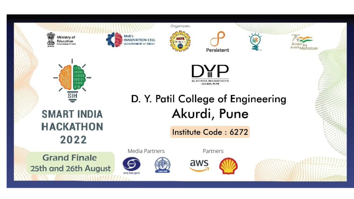iicdypcoe's tweet photo. D. Y. Patil College of Engineering, Akurdi Pune is honored to serve as nodal center for the “Smart India Hackathon- 2022” Software Edition Grand Finale which is on 25th &amp; 26th August 2022.
#PM_ModiAtSIH #SIH2022 #InnovationSeAtmanirbharBharat https://t.co/JqR1b4qQ0Y