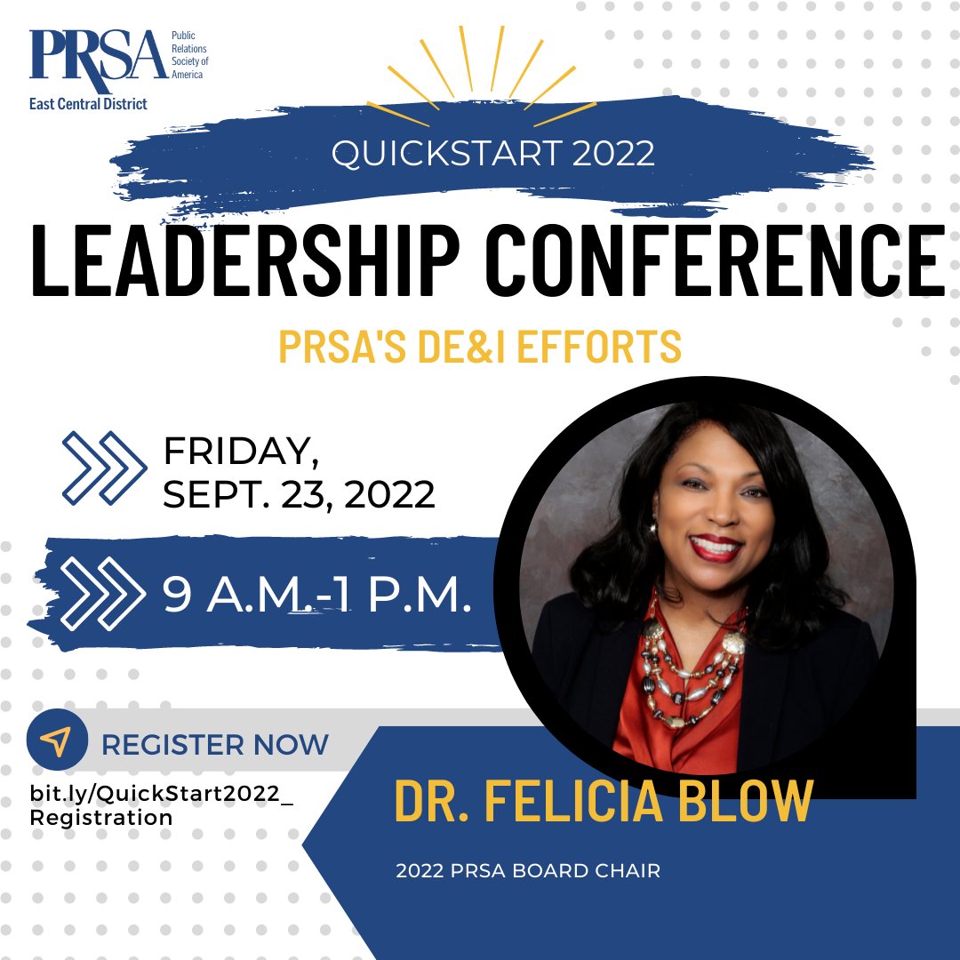 This week, we are previewing our speakers from this year’s virtual QuickStart Leadership Conference on 9/23! We are excited to have PRSA’s 2022 Board Chair Dr. @feliciablow in our speaker lineup! Register now for QuickStart: prsaecd.org/leadership-con…
