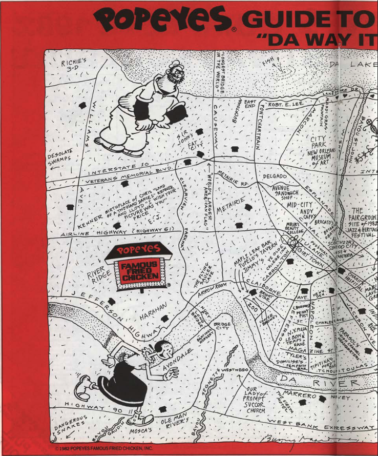 mrjordanhirsch's tweet photo. Behold Bunny Matthews' map of every Popeyes in New Orleans (and selected neighborhood landmarks) which ran in Wavelength magazine in 1982. I strongly suggest you enlarge it for the details... https://t.co/oTBZPPPHd3