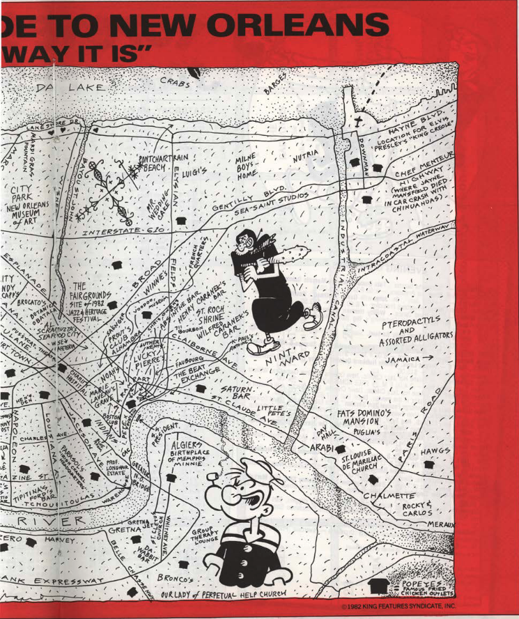 mrjordanhirsch's tweet photo. Behold Bunny Matthews' map of every Popeyes in New Orleans (and selected neighborhood landmarks) which ran in Wavelength magazine in 1982. I strongly suggest you enlarge it for the details... https://t.co/oTBZPPPHd3