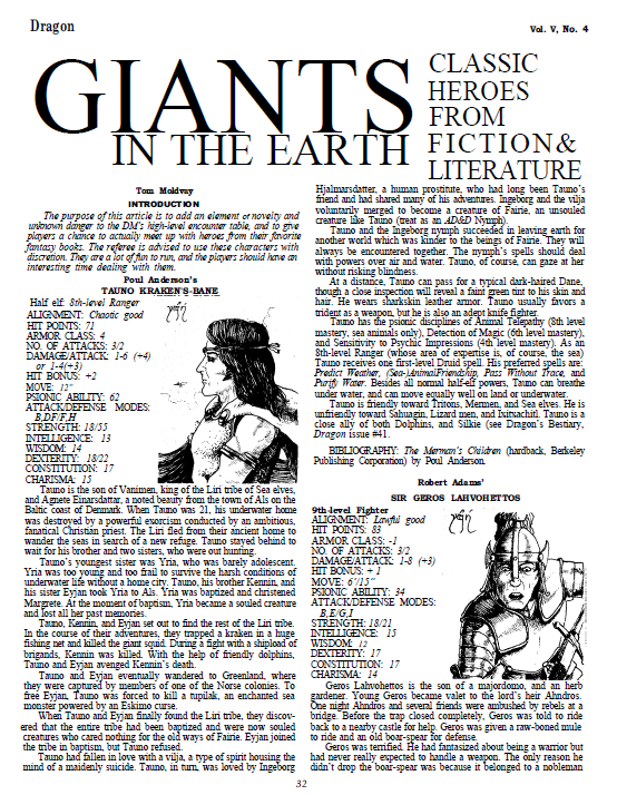 CalstaffTheGold's tweet photo. In Dragon #42 (Oct/80), Tom Moldvay stats out more heroes from fiction and Norse myth in this month's installment of Giants in the Earth.
#1e #ADnD #CharacterStats https://t.co/XxvYsDCOms