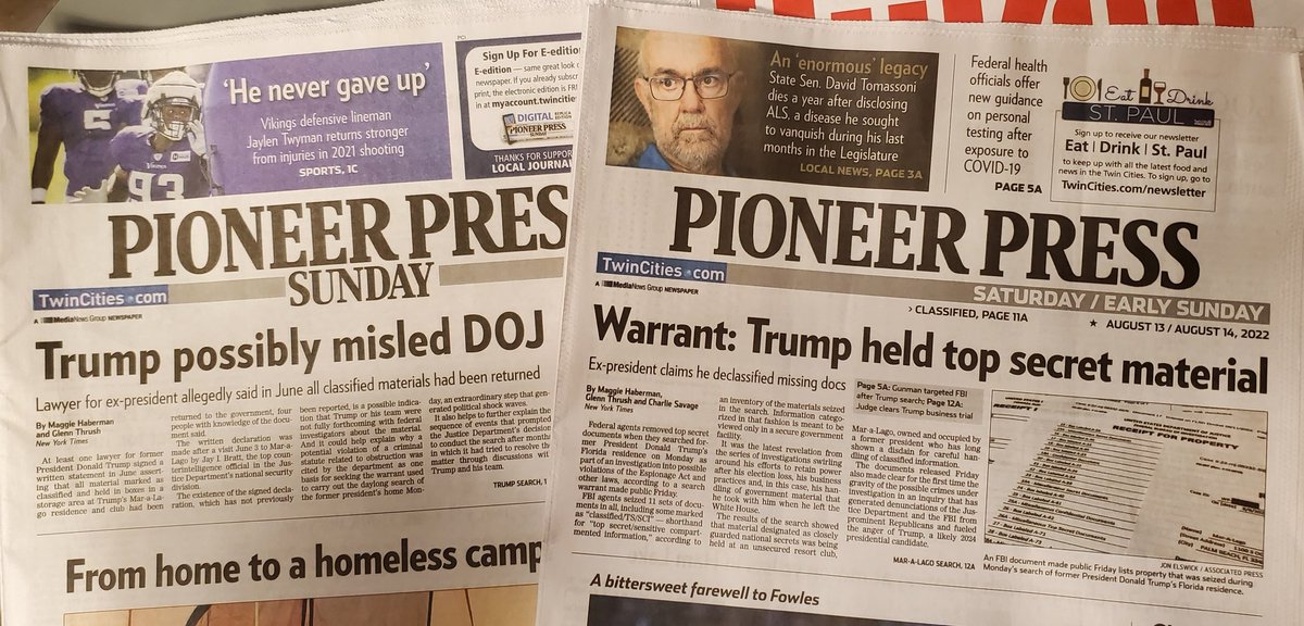 Molly1Jo's tweet photo. I can't tell you how big of a deal this is that these are front-page headlines for the conservative St Paul newspaper! Historically,  negative news about tfg has been buried deep inside.🤞🏻 #ComeIntoTheLight #DeprogramTheCult #VoteBlueForDemocracy https://t.co/RFcDV0umvj