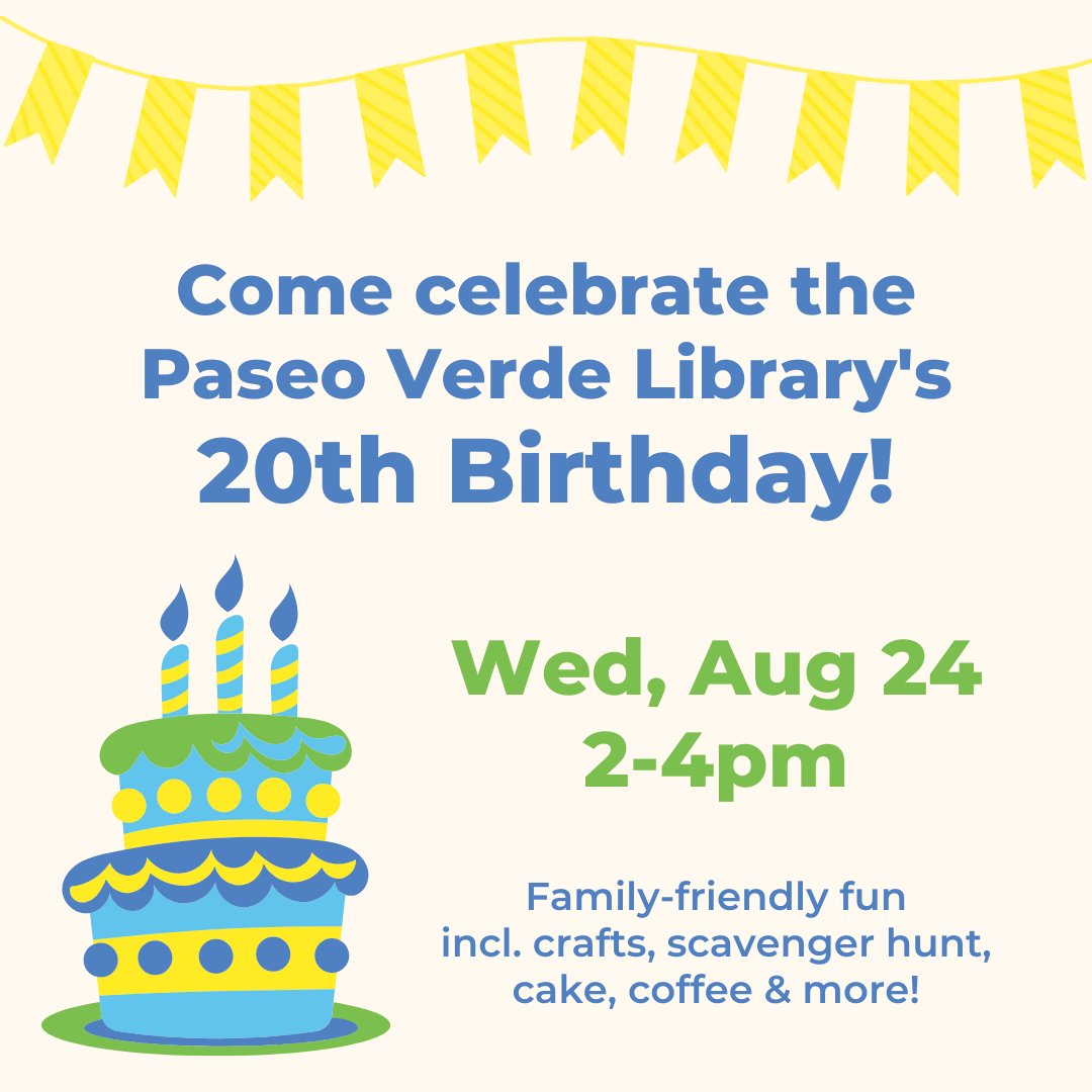 hendersonlibs's tweet photo. Busy week at the #PaseoVerdeLibrary!
๐ฅณ 20TH BDAY CELEBRATION: Wed, Aug 24, incl. crafts, cake, coffee & scavenger hunt w/ prize packs from @HSKnights & @KnightHawksIFL!
๐ BOOK SALE: Thurs, Aug 25 - Sat, Aug 27. $5 for an entire bag of books!
๐ Hope you can join us!! https://t.co/8sB3jUZkcx