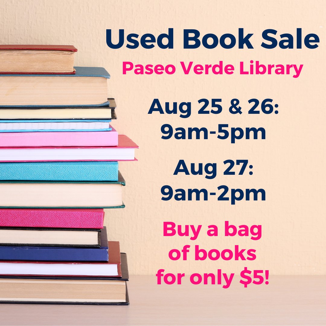 hendersonlibs's tweet photo. Busy week at the #PaseoVerdeLibrary!
๐ฅณ 20TH BDAY CELEBRATION: Wed, Aug 24, incl. crafts, cake, coffee & scavenger hunt w/ prize packs from @HSKnights & @KnightHawksIFL!
๐ BOOK SALE: Thurs, Aug 25 - Sat, Aug 27. $5 for an entire bag of books!
๐ Hope you can join us!! https://t.co/8sB3jUZkcx