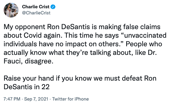 FlaResearch's tweet photo. With the announcement of Fauci's retirement, today is a good day to look back on times he and his supporters like @CharlieCrist were wrong. https://t.co/ZRCub3UncI