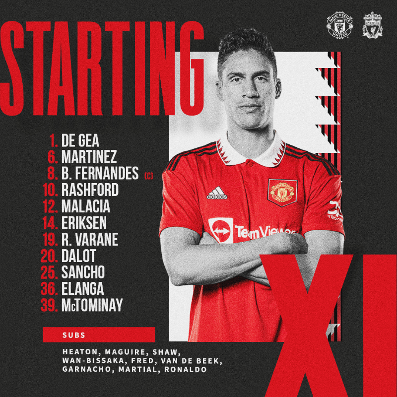 ManUtd's tweet photo. 📋 Erik's named our line-up to face Liverpool. 

Come on, United! 🔴⚪️⚫️

#MUFC || #MUNLIV