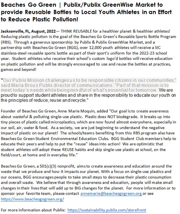 Thank you Publix for sponsoring our reusable bottle program! Beaches Go Green Club is working hard to provide reusable bottles for all staff and athletes to promote less waste! #bths #charactercounts #gogreen #studentspotlight