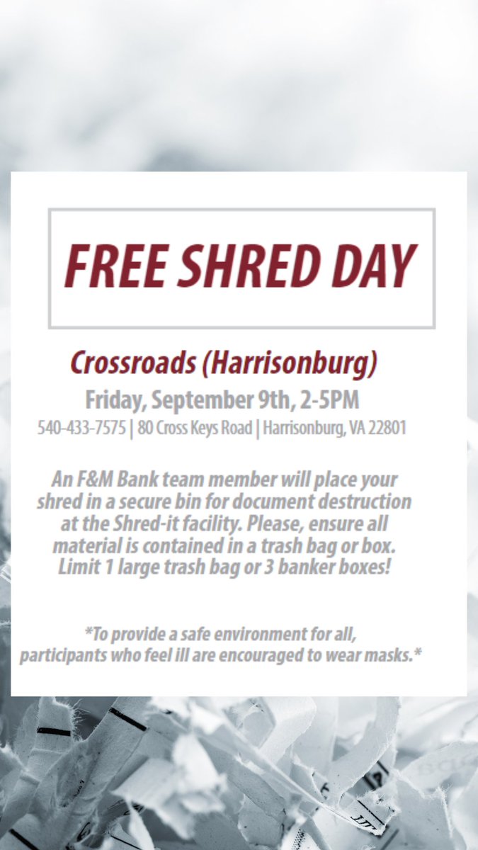 Free document shredding event at our Crossroads Branch, 80 Cross Keys Road, Harrisonburg on September 9th from 2-5pm! #shredday