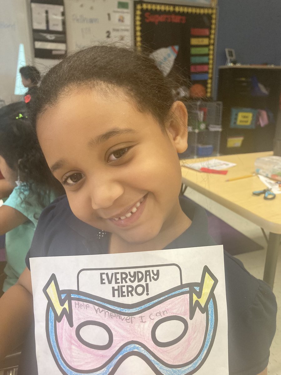 Mrs_Lefever's tweet photo. 1st graders learned how to be everyday hero’s today during my visit.🦸🏽‍♂️🦸🏾‍♀️They colored their own superhero masks and wrote down ways that they can be hero’s at school! 
“I will help when I can” 
“I will choose kindness”
 “I will work hard!” 
Love these hero’s!! ❤️⭐️@MDE_Stars https://t.co/HbnfttzA1p