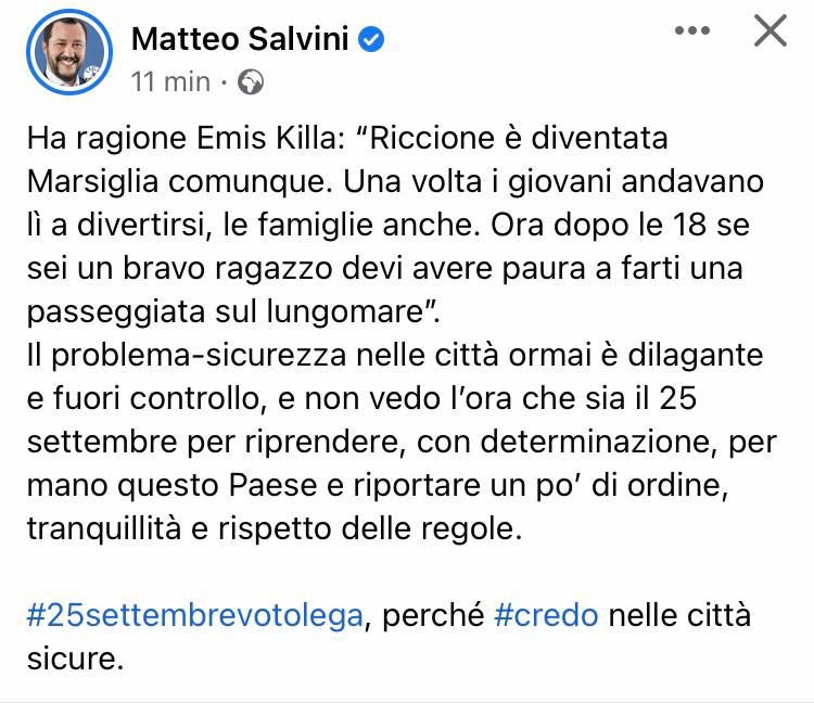 Ad ogni campagna elettorale Salvini si materializza per spargere un po' di fango gratuito sulle nostre città. Stavolta tocca a Riccione “fuori controllo' per la sicurezza. Peccato che sia stata amministrata fino a poche settimane fa e negli ultimi 8 anni dalla Lega e dalla destra