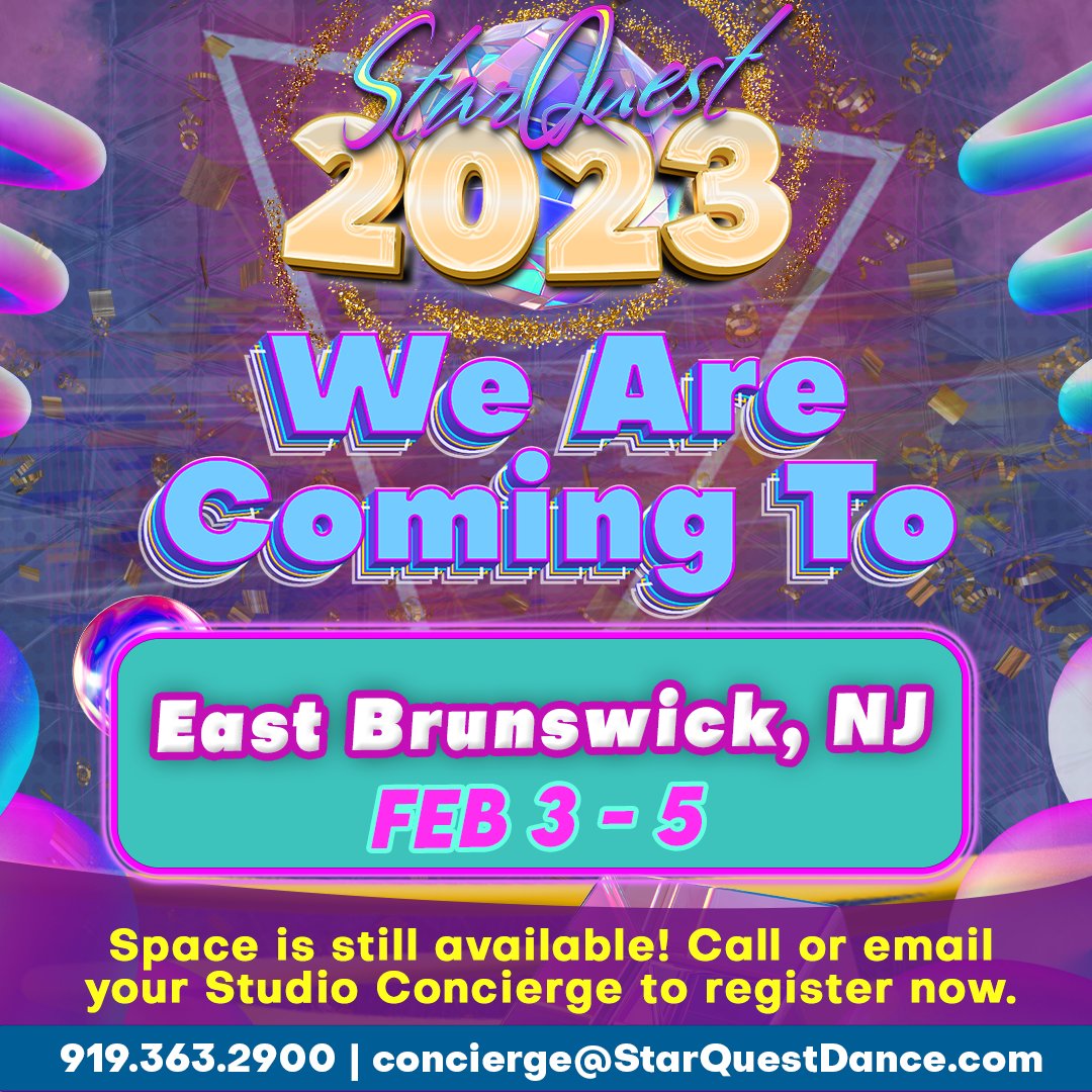 StarQuestDance's tweet photo. Come #dance with us in East Brunswick, NJ on February 3rd - 5th!✨💃 Reach out to your Studio Concierge directly or contact us by calling 919.363.2900 or emailing concierge@starquestdance.com to join this event! #StarQuestDance #30YearsOfMemories https://t.co/fgvq5JCOxI