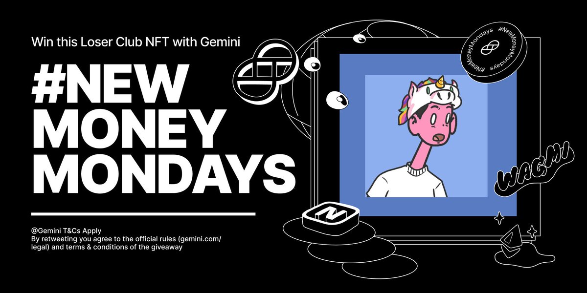 Gemini's tweet image. 1/3 And we're back with #NewMoneyMondays!

This week, we’ve partnered with @loserclubreborn to give away Loser #142 NFT to 1 new or existing Gemini + @niftygateway user!

MUST follow the rules to enter: bit.ly/3AAhdbP