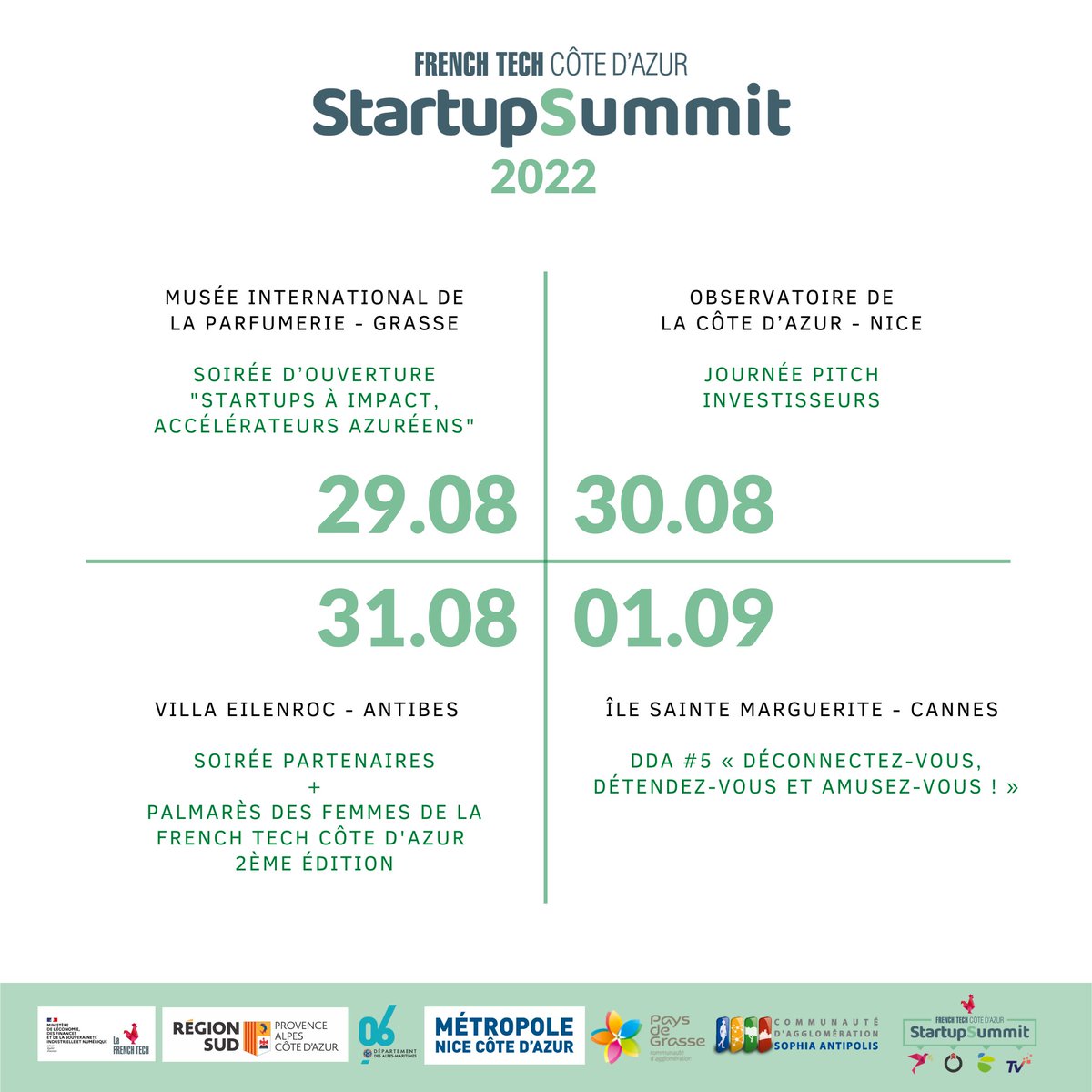 FrenchTechCdA's tweet photo. 🚨J-7 French Tech #StartupSummit🌱

Plus que quelques jours avant le début des festivités !🔥

Retrouvez les infos 👉https://t.co/kBXyEu9qs3

Merci à nos partenaires de leur soutien, @Economie_Gouv,
@MaRegionSud, @MetropoleNCA, @comagglo, @CDD_CASA 🤝 https://t.co/yJLGirXFJd