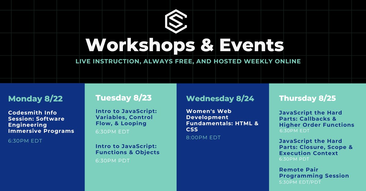 codesmith_'s tweet image. Learn to code, build your engineering toolkit and start your journey into a career in technology by joining the community at #Codesmith. Check out this week&apos;s free workshops to get a taste for what we offer!

RSVP today:  learn.codesmith.io/3QoLUWT

#100daysofcode #JavaScript