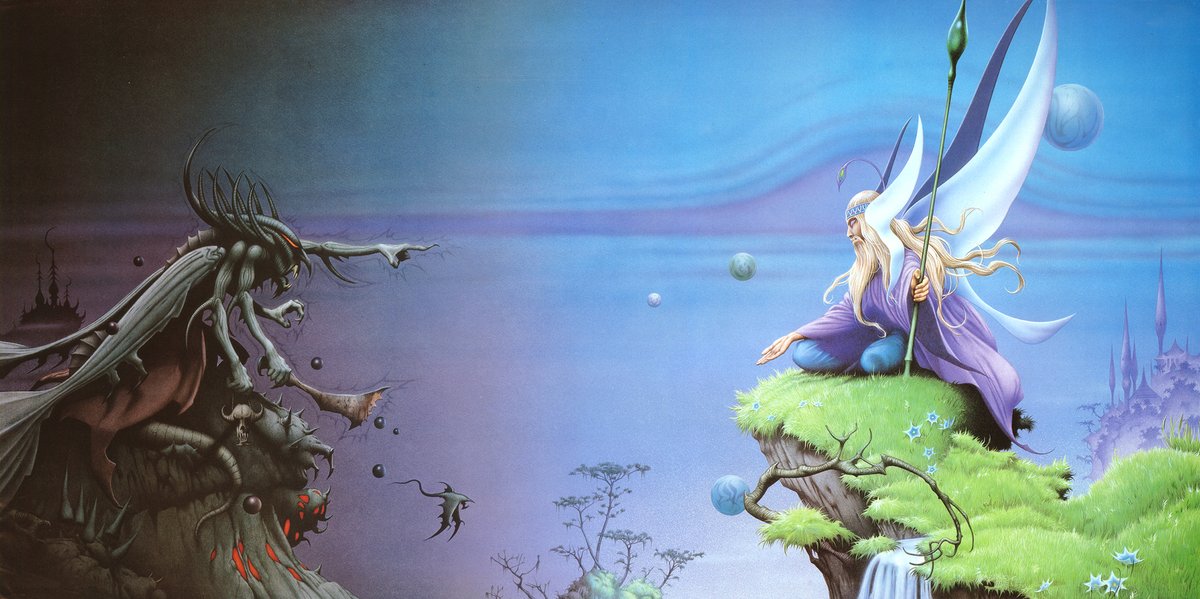 'The Fall of the Golden Age', 1982, inks, 32 x 64 cm.  A simple statement of good versus evil for the UK release of Eloy's album Planets.
 #albumart #progrock #Eloy #planets