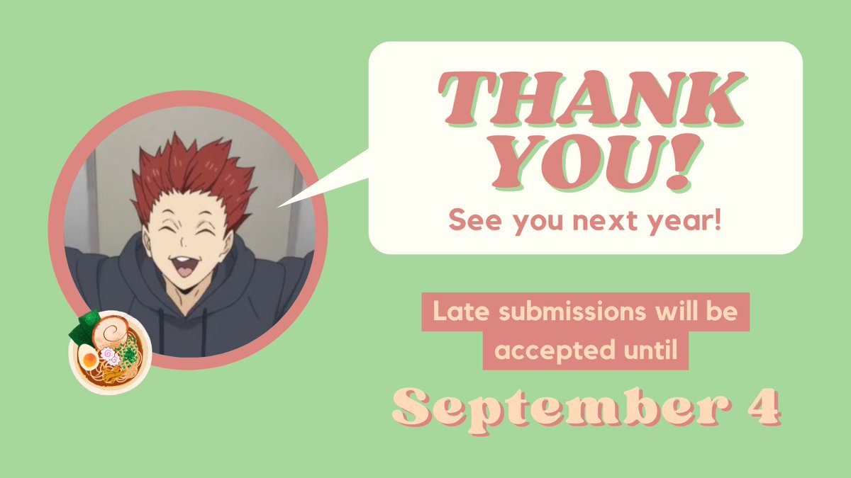 tendourarepairs's tweet photo. #TendouRarepairWeek has come to an end! Thanks so much to all who celebrated Tendou and his rarepairs with us!
If you didn’t participate yet, don’t worry - our submissions are open until September 4th! 🍤 https://t.co/oXT7pKNdJk